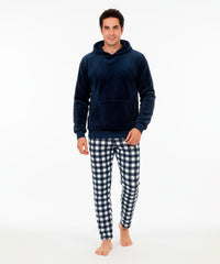 بيچامة رجالي شتوي قطيفة هايدي مستورد – هودي كحلي وبنطلون كاروهات