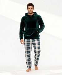 بيچامة رجالي شتوي قطيفة هايدي مستورد – هودي أخضر غامق بكاروهات رمادي