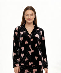 بيچامة نسائي قطيفة هايدي مستورد – بيچامة قلوب أسود × بينك