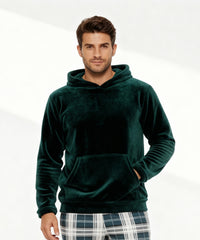 بيچامة رجالي شتوي قطيفة هايدي مستورد – هودي أخضر غامق بكاروهات رمادي