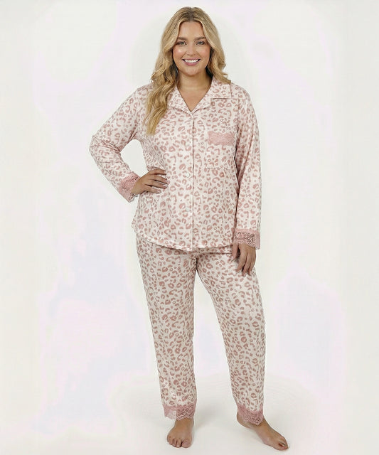 بيجامة نسائي قطيفة هايدي وشين – ليوبارد روزي دانتيل