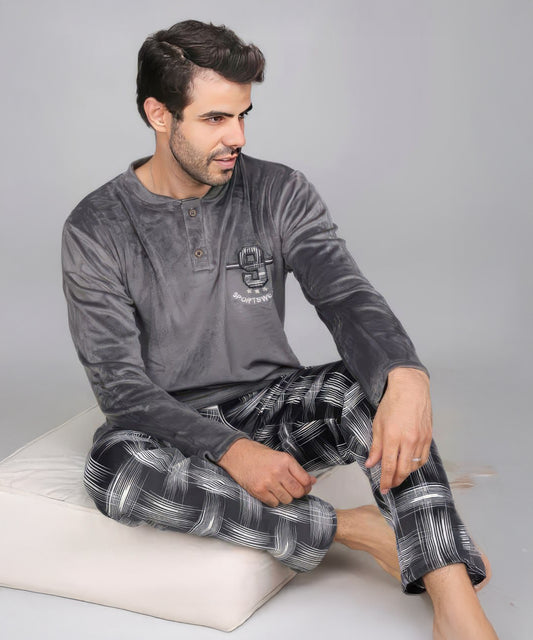 بيچامة رجالي شتوي قطيفة هايدي مستورد – لون رمادي