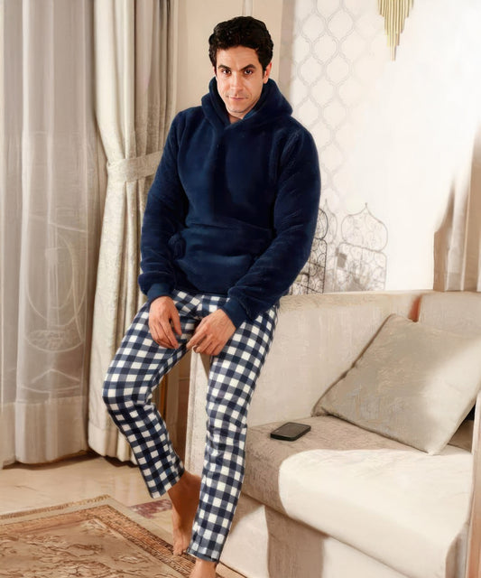 بيچامة رجالي شتوي قطيفة هايدي مستورد – هودي كحلي وبنطلون كاروهات