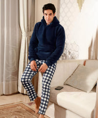 بيچامة رجالي شتوي قطيفة هايدي مستورد – هودي كحلي وبنطلون كاروهات